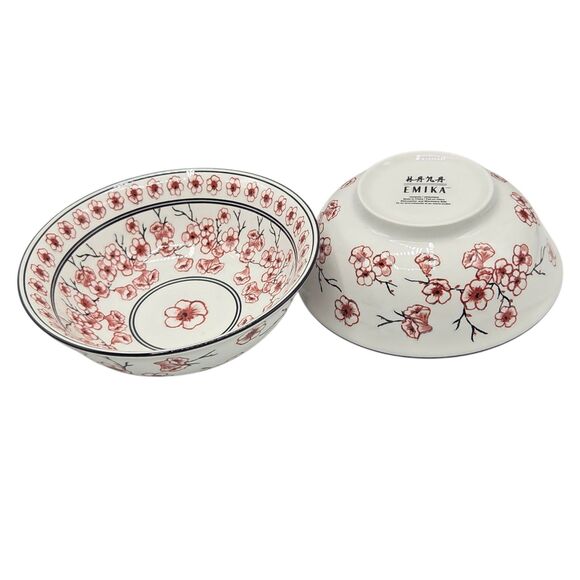 Emika Floral 8.25in Asian Ceramic Ramen Noodle Bowl Set Of 2pc White Dusty Rose - Picture 2 of 13